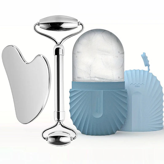 Stainless Steel Ice Face Roller & Gua Sha Set – Facial Massage & Skincare Tool Kit