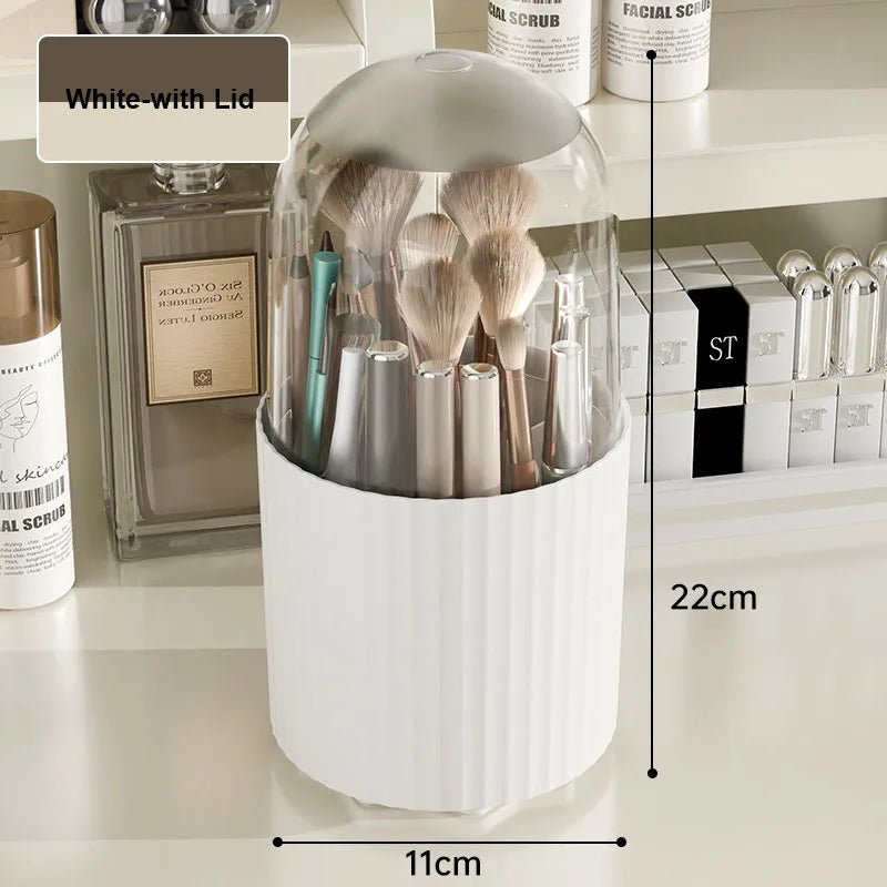 360° Rotating Makeup Brush Holder – Waterproof Dustproof Storage Box, Desktop Cosmetic Organizer with Clear Cover