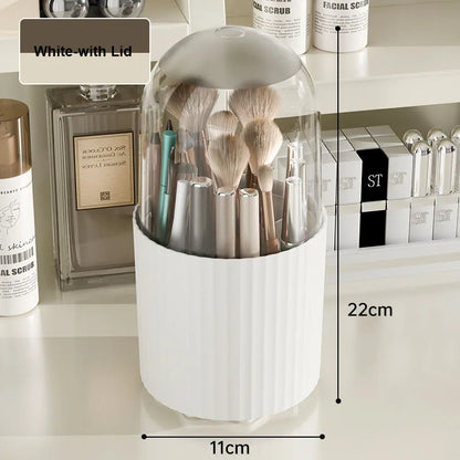 360° Rotating Makeup Brush Holder – Waterproof Dustproof Storage Box, Desktop Cosmetic Organizer with Clear Cover