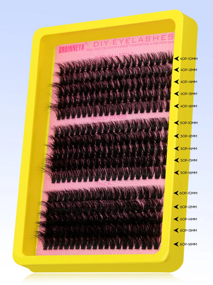 GROINNEYA DIY Fluffy Cluster Lashes Kit – Faux Mink Individual Eyelash Extensions, D-Curl Volume Mixed Tray for At-Home Lash Styling