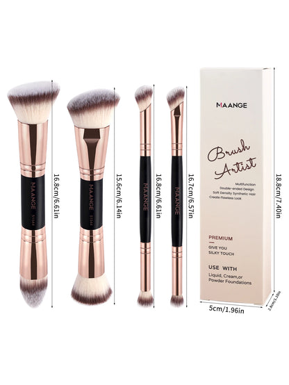 MAANGE 4-Piece Makeup Brush Set with Case – Dual-Ended Foundation, Powder & Eyeshadow Brushes