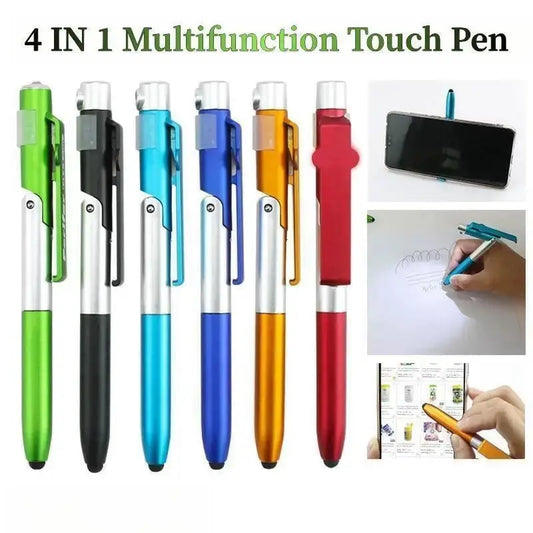 4-in-1 Multifunction Stylus Ballpoint Pen with LED Light, Phone Stand & Touch Screen Tip – Portable Writing Tool for Reading & Office