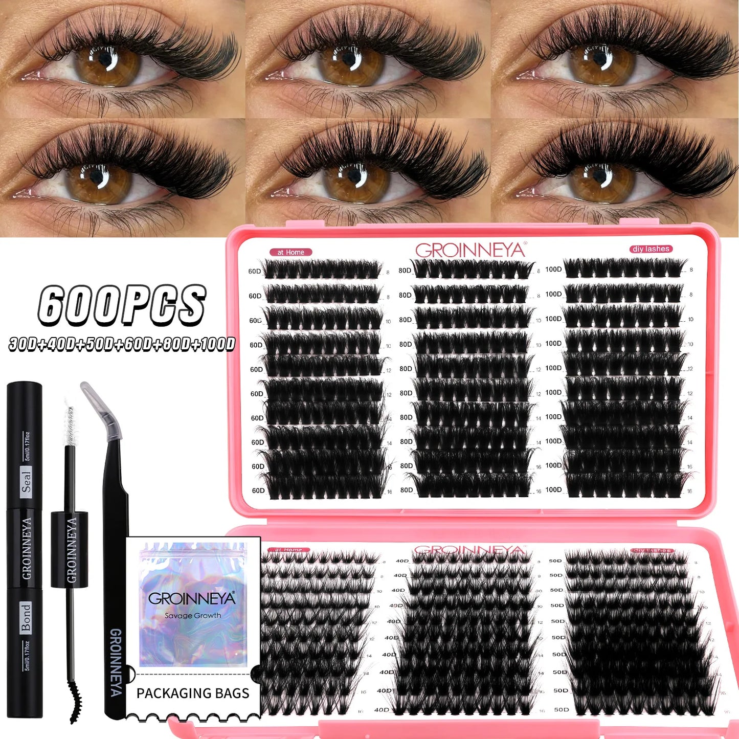 GROINNEYA DIY Lash Clusters Kit – Mixed Length Individual Eyelash Extensions with Bond & Seal, Tweezers Tool for At-Home Lash Application