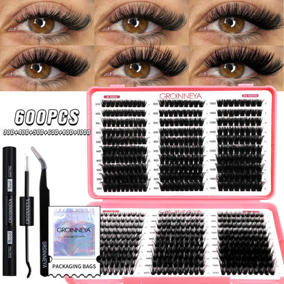 GROINNEYA DIY Lash Clusters Kit – Mixed Length Individual Eyelash Extensions with Bond & Seal, Tweezers Tool for At-Home Lash Application