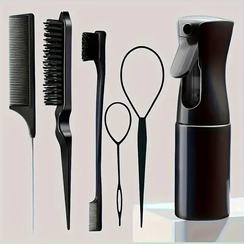 6-Piece Hair Styling Brush & Comb Set with Spray Bottle – Hairdressing Tools for Braiding, Teasing, and Edge Control