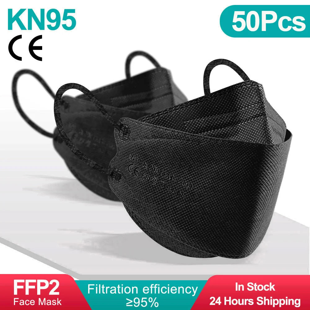 10-100 PCS FFP2 Face Masks – CE Approved, Disposable KN95/KF94 Black Fish-Style Masks