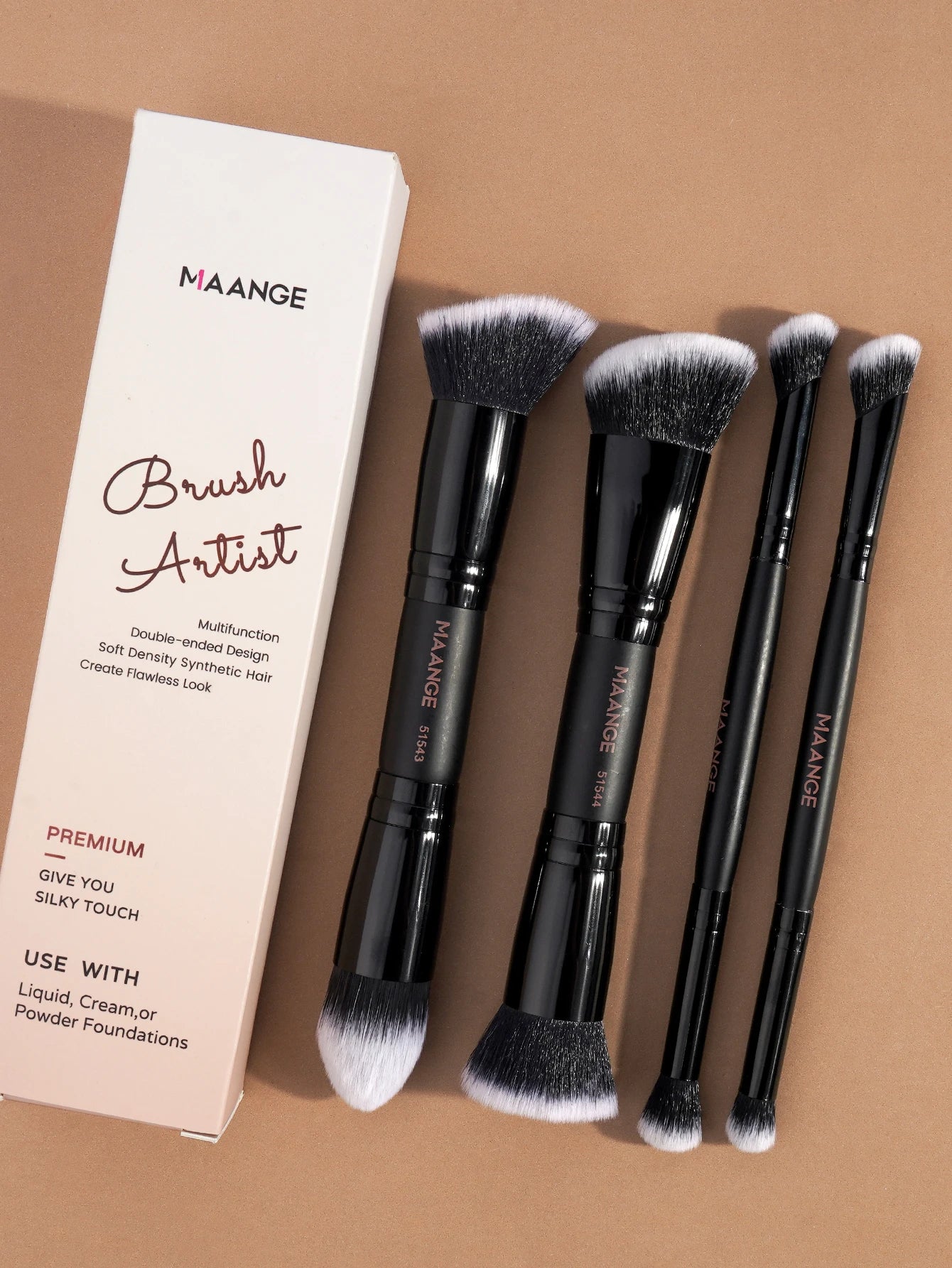 MAANGE 4-Piece Makeup Brush Set with Case – Dual-Ended Foundation, Powder & Eyeshadow Brushes