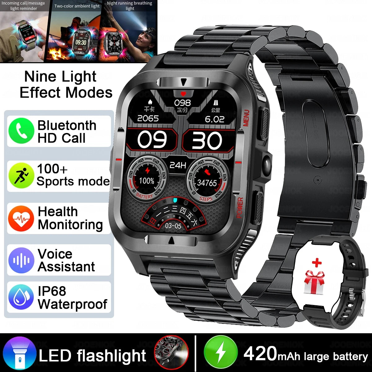 Men’s GPS Sports Smart Watch | Bluetooth Call | 480mAh Long Battery | LED Flashlight | 100+ Sport Modes | Life Waterproof