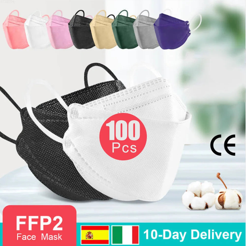 FFP2 / KN95 Face Masks – 4-Layer Disposable Protective Fish-Style Mascarilla, Black, CE Certified (10/50/100 PCS)