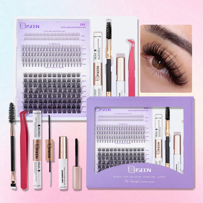 ISEEN DIY Lash Extension Kit – Mixed Style Lash Clusters with Bond & Seal, Remover, Tweezers & Lash Brush for Self-Application