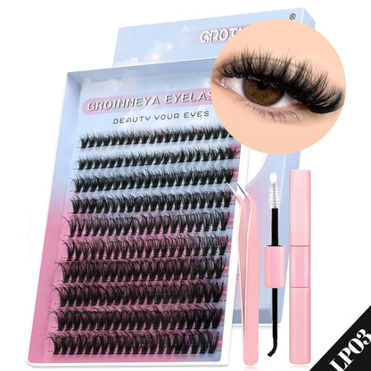 GROINNEYA DIY Lash Clusters Kit – 640PCS Cat-Eye Individual Eyelash Extensions with Bond & Seal for At-Home Lash Application