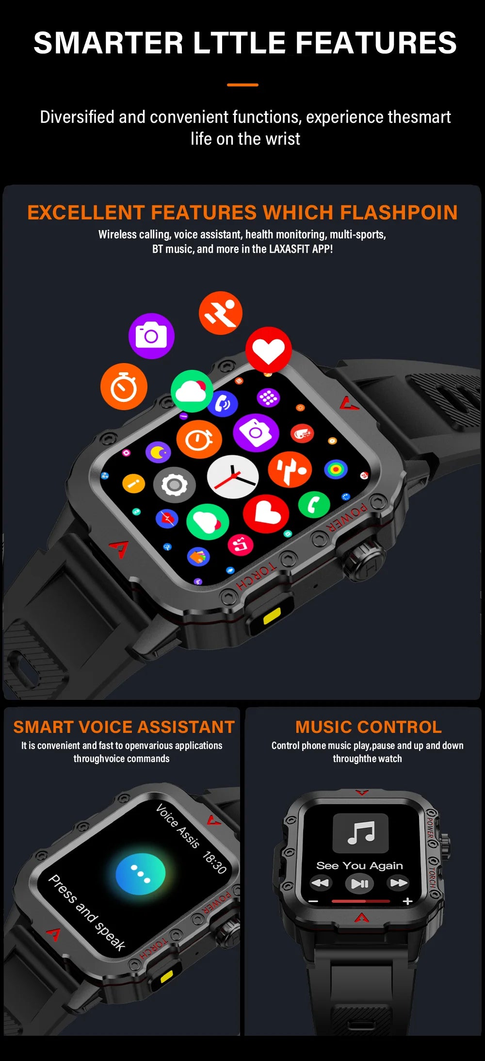 LAXASFIT Men’s Smart Watch with LED Flashlight | Bluetooth Call Sports Watch | Fitness & Activity Tracker