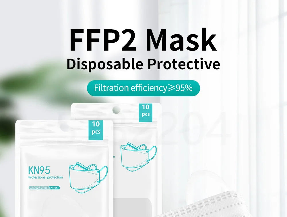 10-100 PCS FFP2 Face Masks – CE Approved, Disposable KN95/KF94 Black Fish-Style Masks