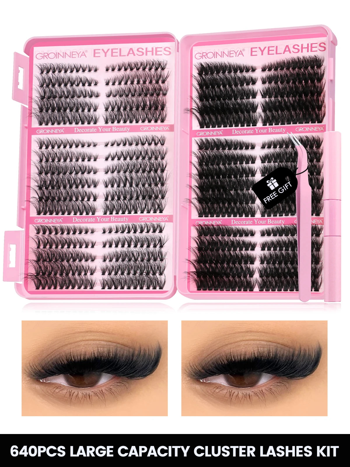 GROINNEYA DIY Lash Clusters Kit – 640PCS Cat-Eye Individual Eyelash Extensions with Bond & Seal for At-Home Lash Application