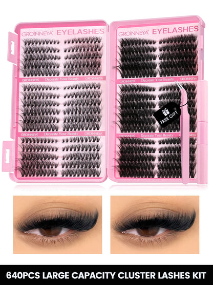 GROINNEYA DIY Lash Clusters Kit – 640PCS Cat-Eye Individual Eyelash Extensions with Bond & Seal for At-Home Lash Application