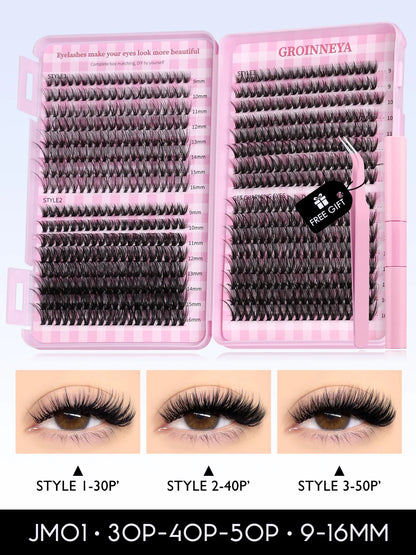 GROINNEYA DIY Lash Clusters Kit – 640PCS Cat-Eye Individual Eyelash Extensions with Bond & Seal for At-Home Lash Application