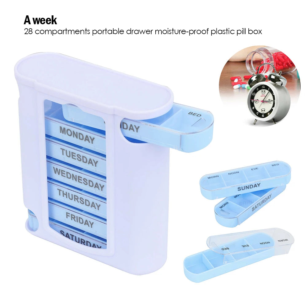 Weekly 7-Day Pill Organizer – 28-Grid Colorful Medicine Storage Box, Detachable Daily Pill Case