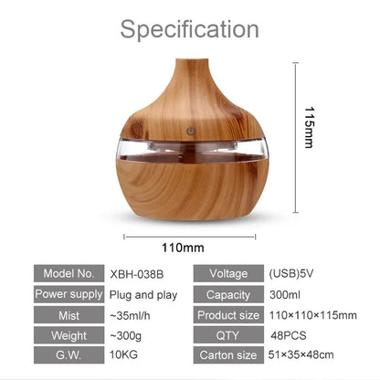 300ml Ultrasonic Aroma Diffuser & Cool Mist Humidifier – Essential Oil Aromatherapy Air Purifier for Home & Office (Wood Design)