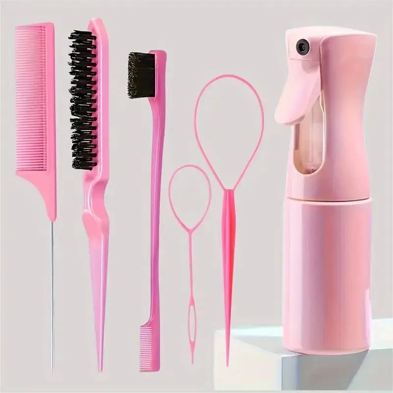 6-Piece Hair Styling Brush & Comb Set with Spray Bottle – Hairdressing Tools for Braiding, Teasing, and Edge Control