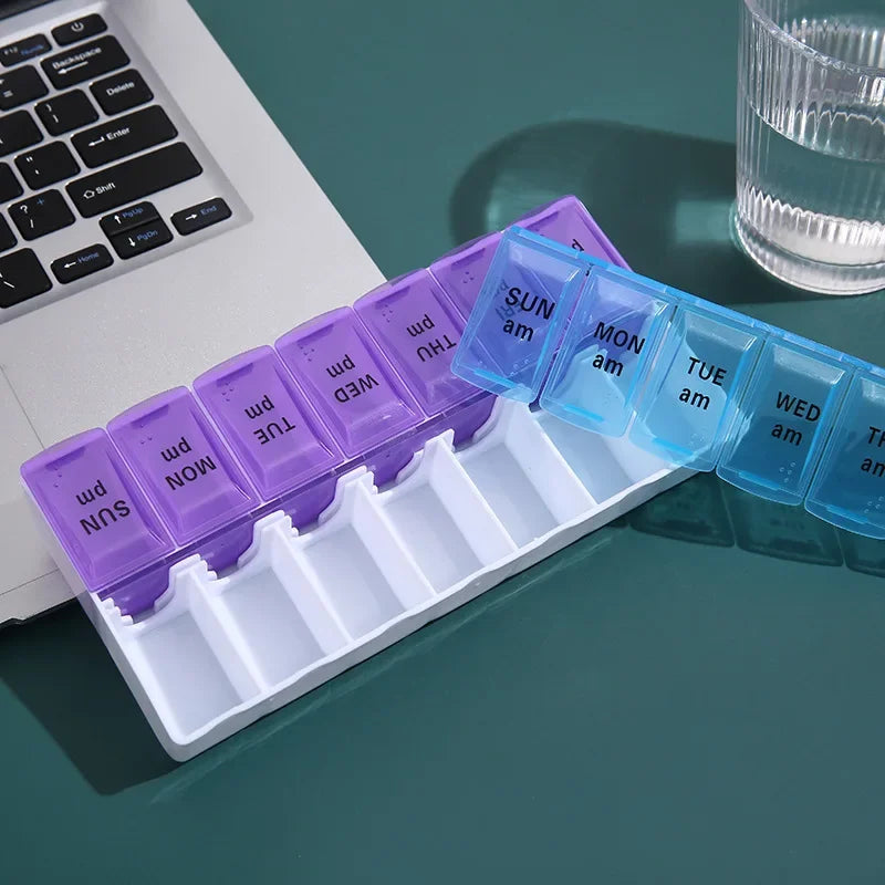 Weekly Pill Organizer Box – 7 Day Portable Travel Medicine Case with 14 Compartments for Pills, Vitamins & Supplements