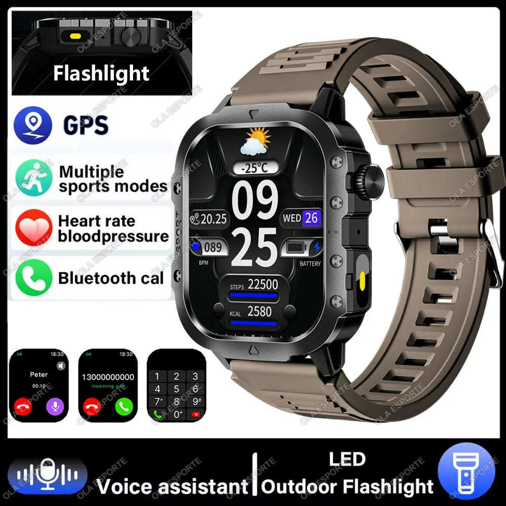 Military Smart Watch Bluetooth Call GPS Flashlight 100+ Sports Android iPhone