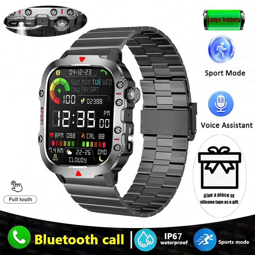 Rugged Men’s Bluetooth Call Smart Watch with Flashlight – 2.01” Outdoor Sports Fitness Watch for Android & iOS