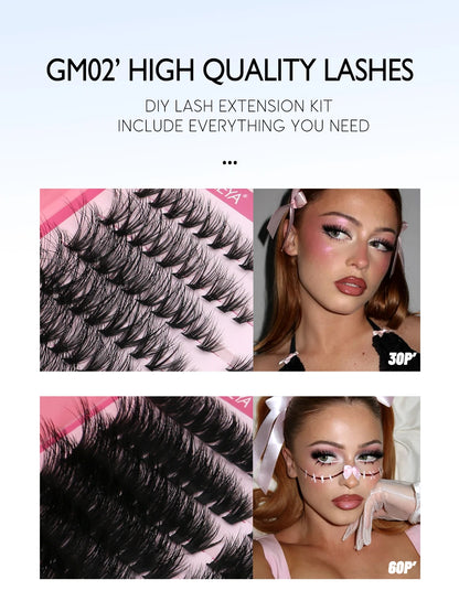 GROINNEYA DIY Lash Clusters Kit – 640PCS Cat-Eye Individual Eyelash Extensions with Bond & Seal for At-Home Lash Application