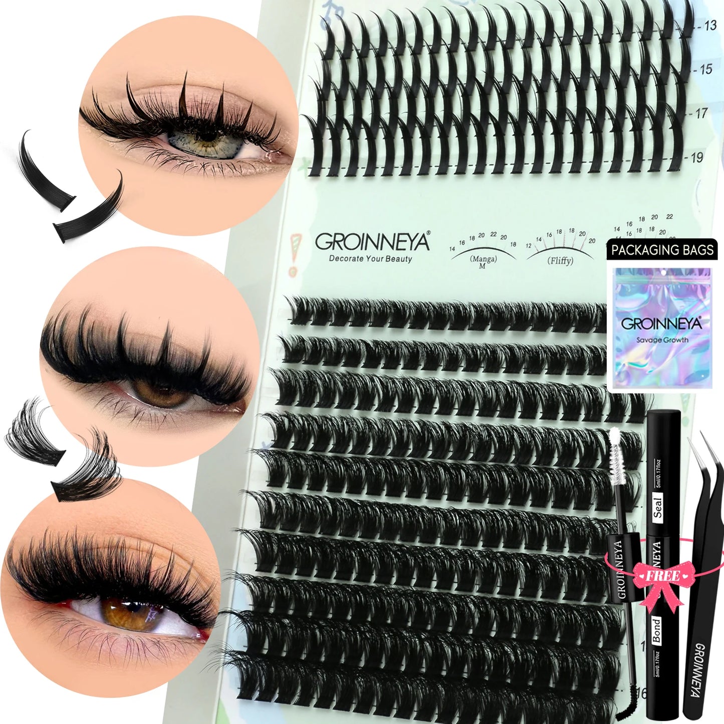 GROINNEYA Lash Clusters Kit – Spiky D-Curl Individual Lash Extensions with Bond & Seal for DIY Eyelash Application