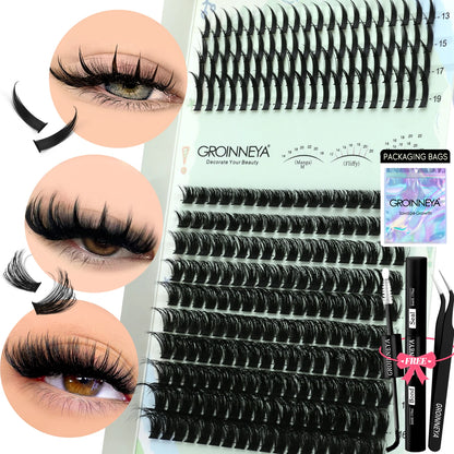 GROINNEYA Lash Clusters Kit – Spiky D-Curl Individual Lash Extensions with Bond & Seal for DIY Eyelash Application