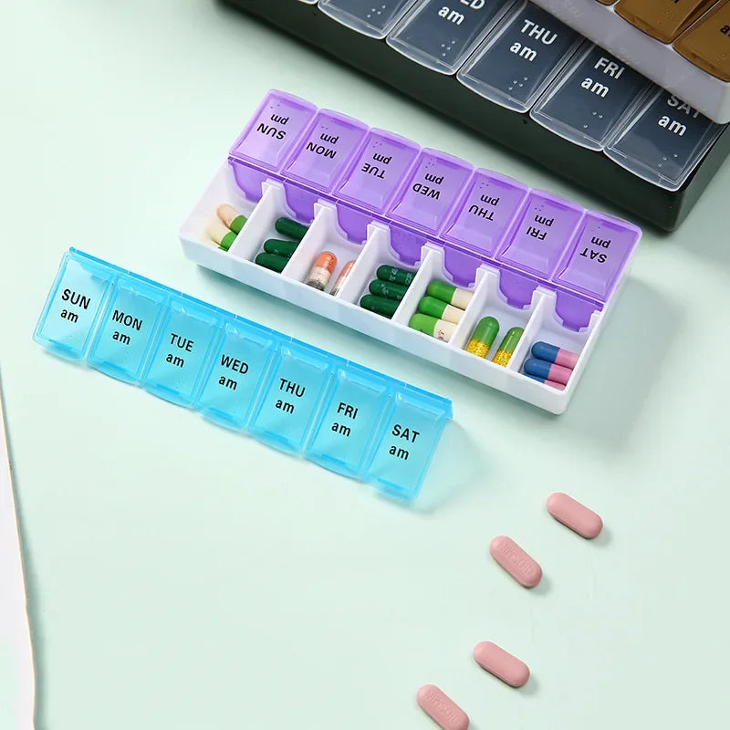 Weekly Pill Organizer Box – 7 Day Portable Travel Medicine Case with 14 Compartments for Pills, Vitamins & Supplements