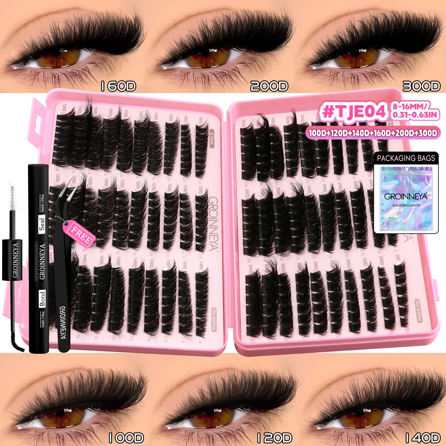 GROINNEYA Lash Clusters Kit – Cat Eye Cluster Eyelash Extensions with Lash Bond & Seal, DIY Large-Capacity Lash Kit