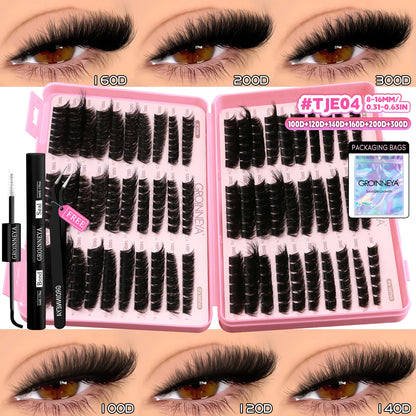 GROINNEYA Lash Clusters Kit – Cat Eye Cluster Eyelash Extensions with Lash Bond & Seal, DIY Large-Capacity Lash Kit