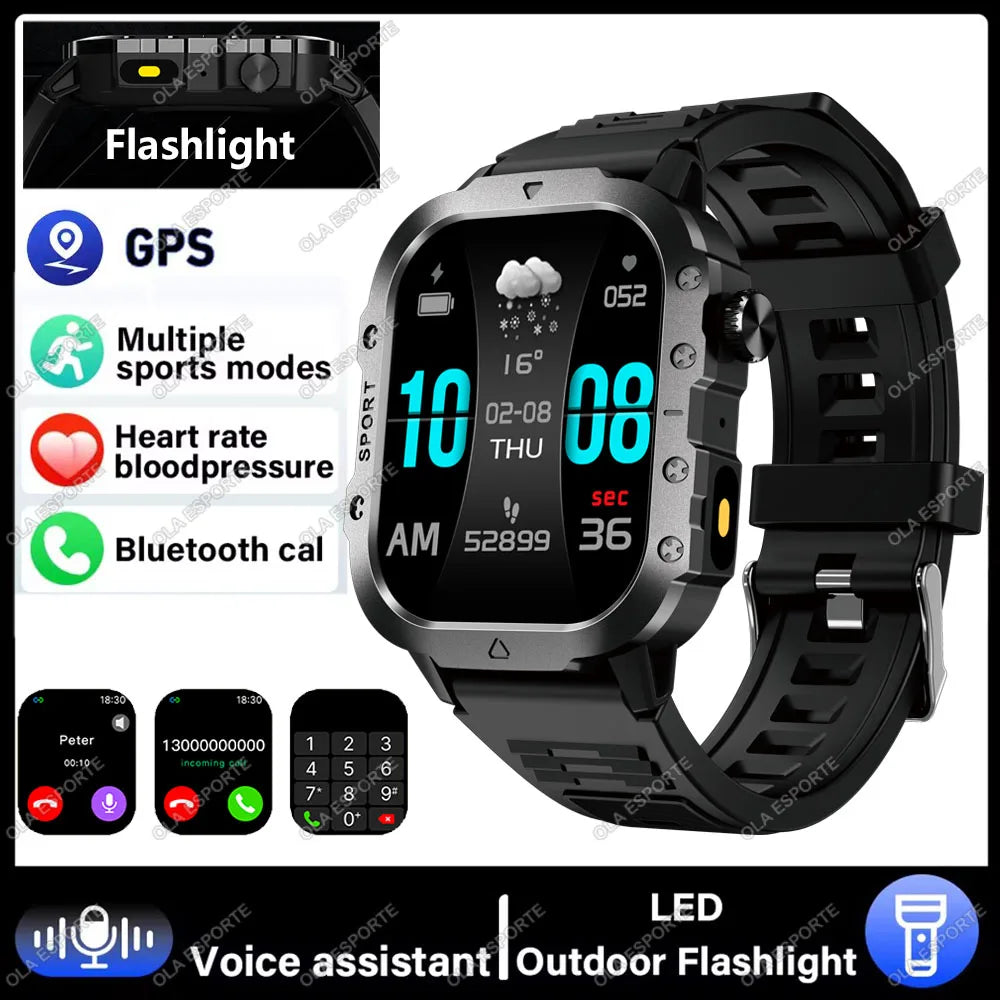 Military Smart Watch Bluetooth Call GPS Flashlight 100+ Sports Android iPhone
