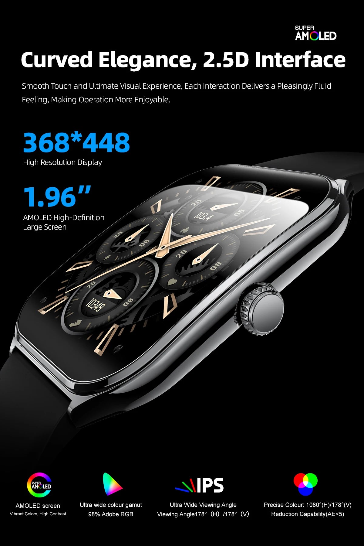 Smart Watch 1.96" AMOLED Bluetooth Call Fitness Tracker IP68 for Android iOS