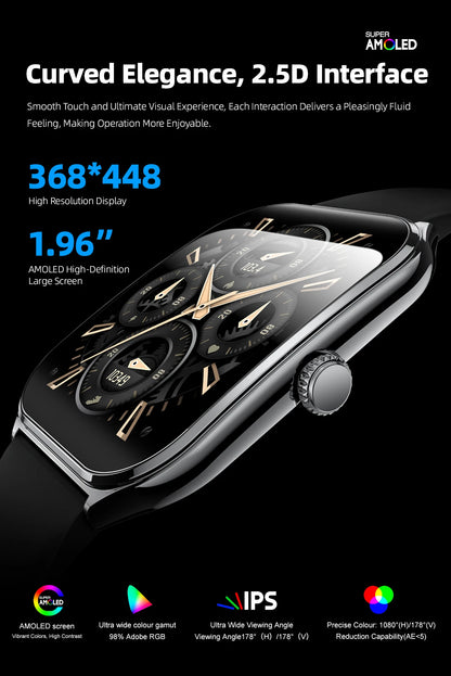 Smart Watch 1.96" AMOLED Bluetooth Call Fitness Tracker IP68 for Android iOS