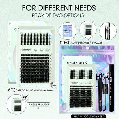 GROINNEYA Lash Clusters Kit – Spiky D-Curl Individual Lash Extensions with Bond & Seal for DIY Eyelash Application