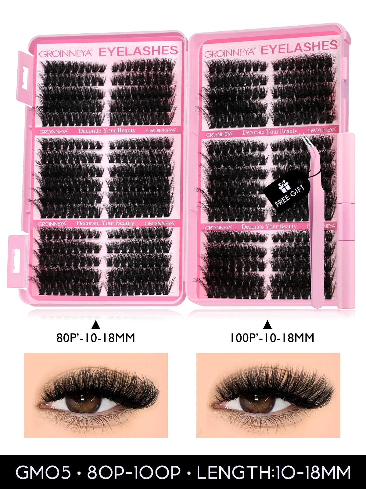 GROINNEYA DIY Lash Clusters Kit – 640PCS Cat-Eye Individual Eyelash Extensions with Bond & Seal for At-Home Lash Application