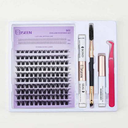 ISEEN DIY Lash Extension Kit – Mixed Style Lash Clusters with Bond & Seal, Remover, Tweezers & Lash Brush for Self-Application