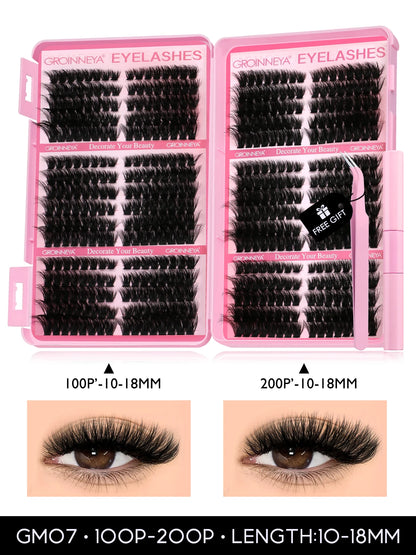 GROINNEYA DIY Lash Clusters Kit – 640PCS Cat-Eye Individual Eyelash Extensions with Bond & Seal for At-Home Lash Application