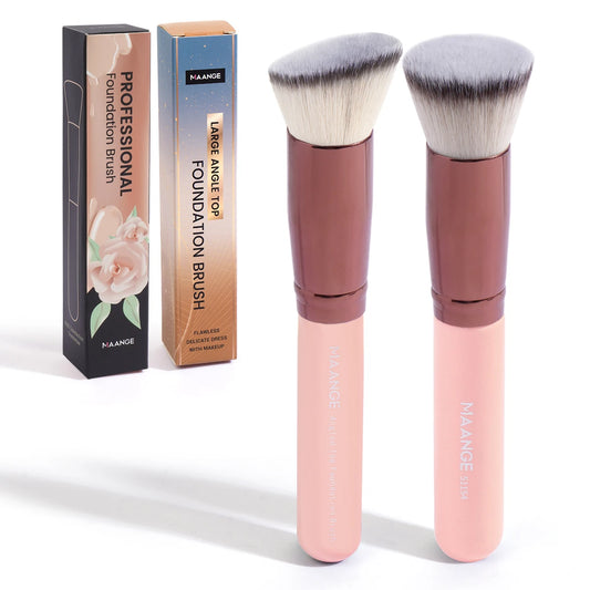 MAANGE 2PCS Foundation Makeup Brush Set – Flat & Angled Kabuki Brushes for Liquid, Cream & Powder, Soft Synthetic Bristles