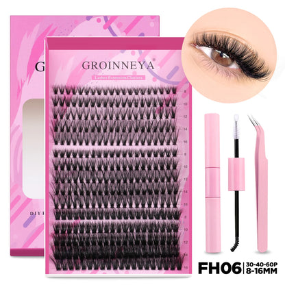 GROINNEYA DIY Lash Extension Kit – Cluster & Individual Lashes with Bond & Seal