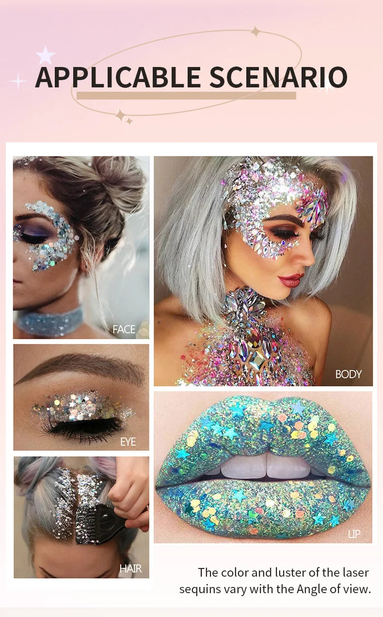 Body Glitter Gel with Sequins – Long-Lasting Face, Eyes & Hair Makeup for Festivals, Parties & Mermaid Looks
