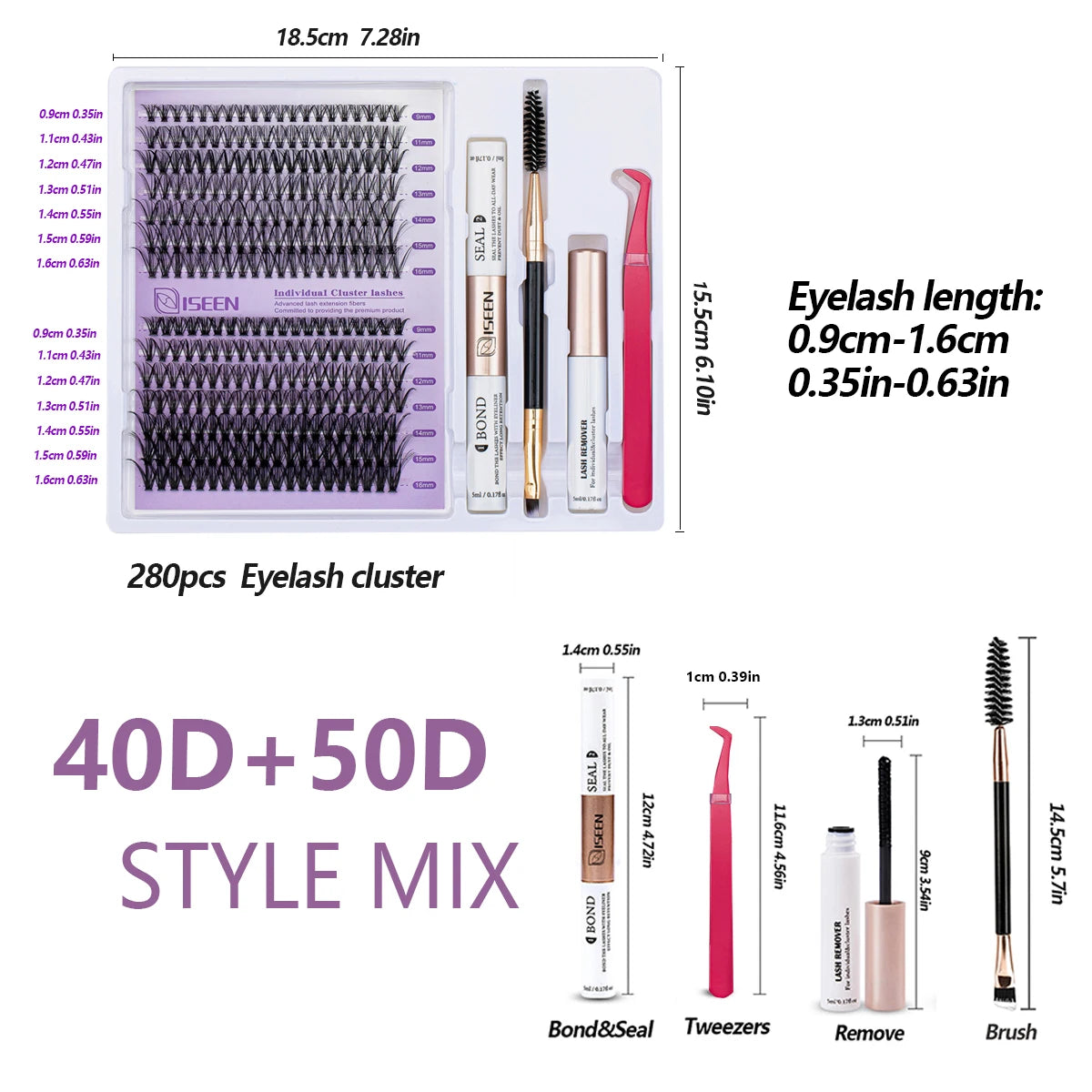 ISEEN DIY Lash Extension Kit – Mixed Style Lash Clusters with Bond & Seal, Remover, Tweezers & Lash Brush for Self-Application