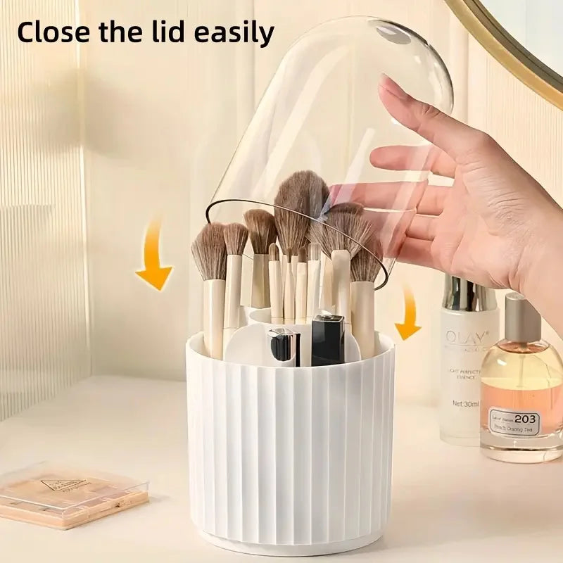 360° Rotating Makeup Brush Holder – Waterproof Dustproof Storage Box, Desktop Cosmetic Organizer with Clear Cover