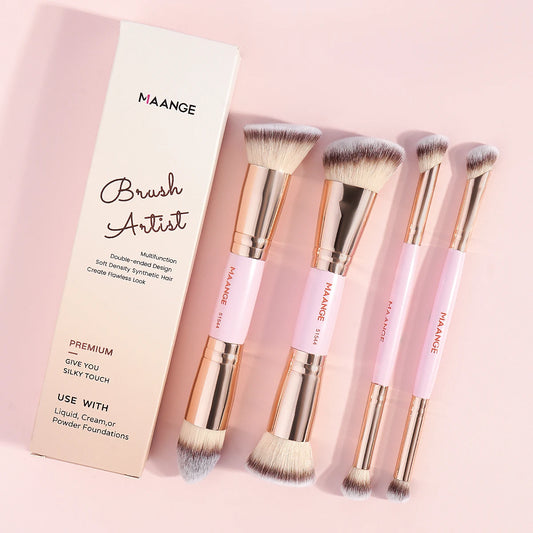 MAANGE 4-Piece Makeup Brush Set with Case – Dual-Ended Foundation, Powder & Eyeshadow Brushes