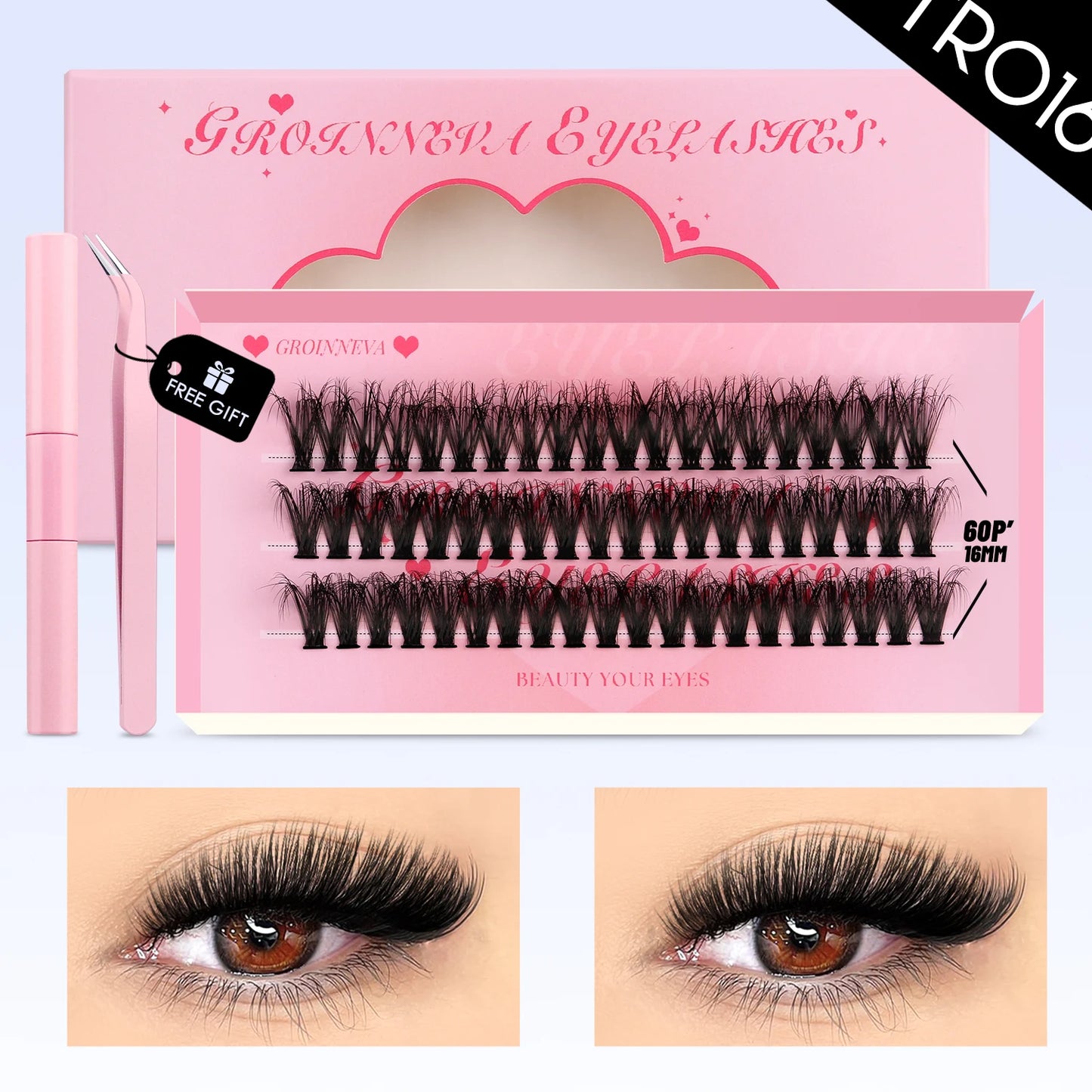 GROINNEYA DIY Lash Clusters Kit – 640PCS Cat-Eye Individual Eyelash Extensions with Bond & Seal for At-Home Lash Application