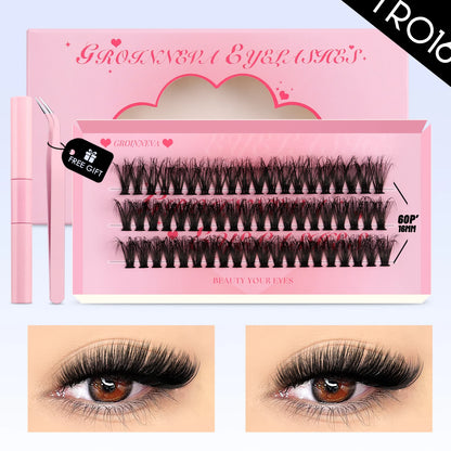 GROINNEYA DIY Lash Clusters Kit – 640PCS Cat-Eye Individual Eyelash Extensions with Bond & Seal for At-Home Lash Application