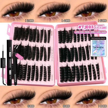 GROINNEYA Lash Clusters Kit – Cat Eye Cluster Eyelash Extensions with Lash Bond & Seal, DIY Large-Capacity Lash Kit