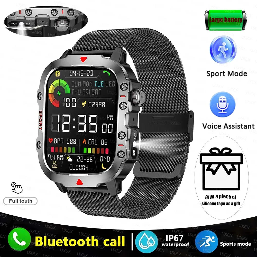 Rugged Men’s Bluetooth Call Smart Watch with Flashlight – 2.01” Outdoor Sports Fitness Watch for Android & iOS