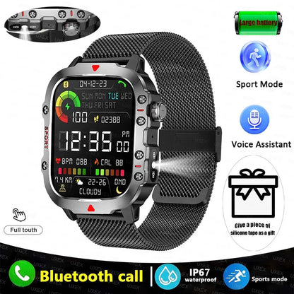 Rugged Men’s Bluetooth Call Smart Watch with Flashlight – 2.01” Outdoor Sports Fitness Watch for Android & iOS